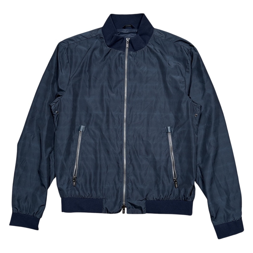 Armani Collezioni Windbreaker Blouson Leather Trim Striped Blue Jacket Mens 46